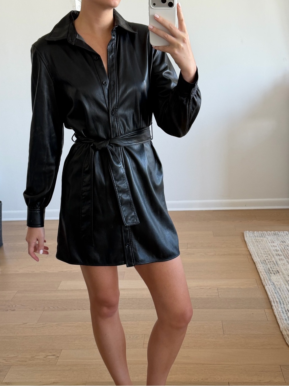 Aritzia Wilfred Black Faux Leather Shirt Dress with Tie Belt